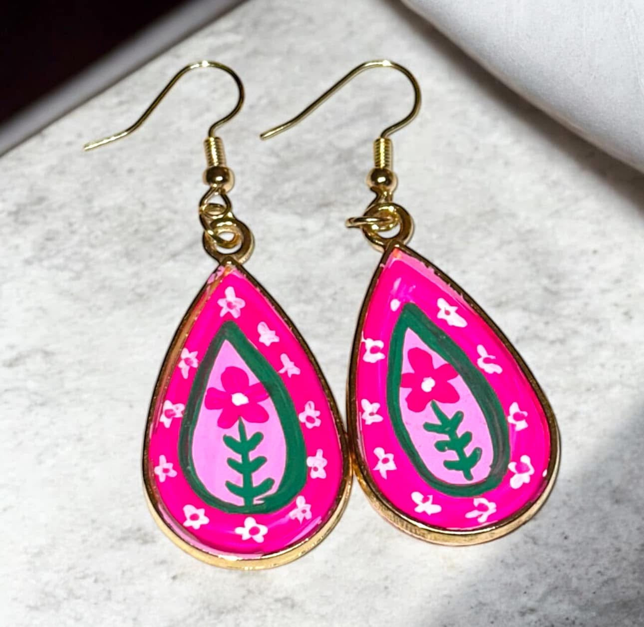 Pink Floral Teardrop Earrings