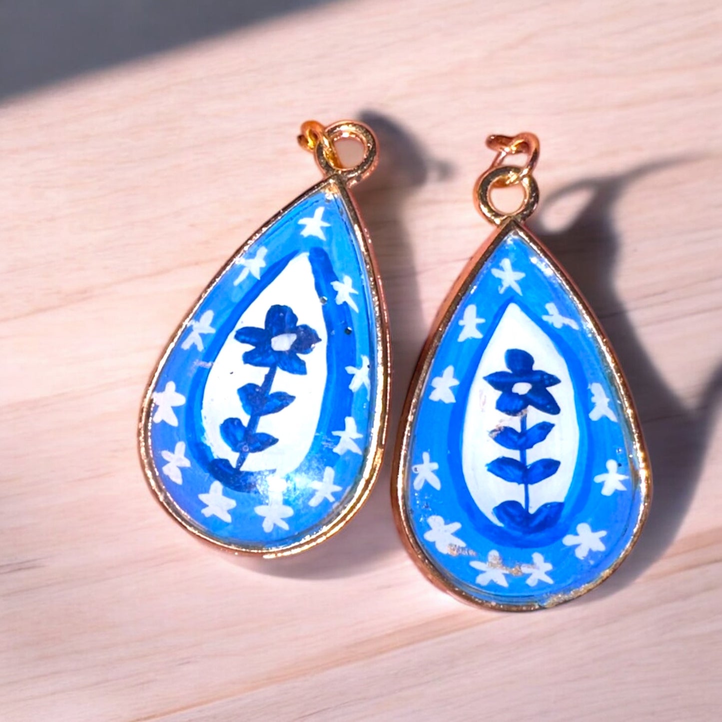 Hand-painted Floral Blue Teardrop Earrings