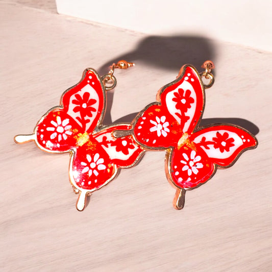 Hand-painted Floral Butterfly Earrings