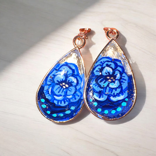 Hand-painted Floral Blue Peony Teardrop Earrings